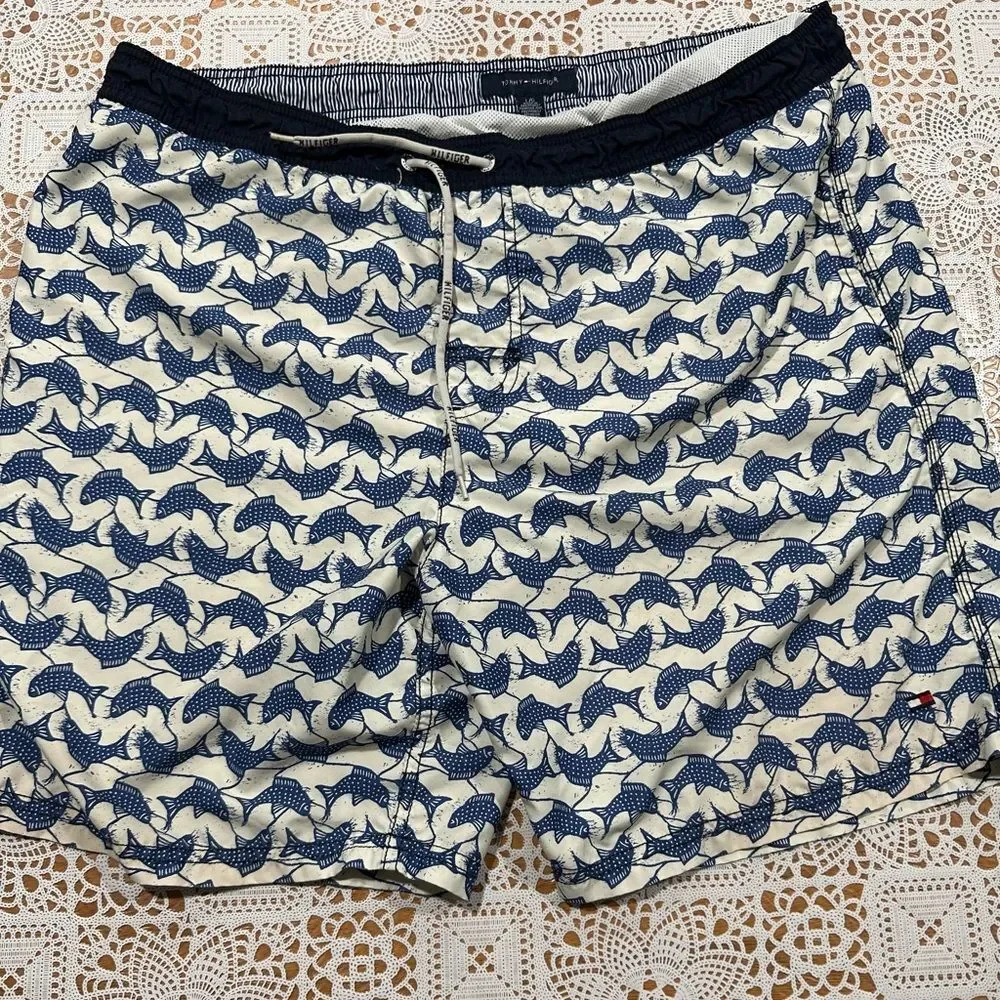 Tommy Hilfiger Blue & White Koi Patterned Swim Trunks